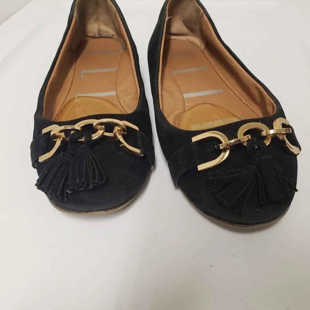 ELLE Belle Black Faux Suede sz 7 Women's Buckle Tassel Accent Ballet Flat